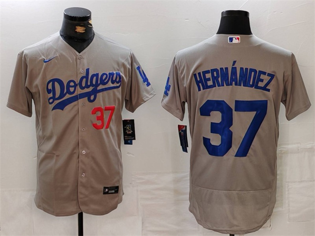Men's Los Angeles Dodgers #37 Teoscar Hernández Grey Flex Base Stitched Baseball Jersey